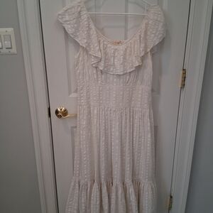 Tory Burch White Midi Dress with Ruffle Neckline